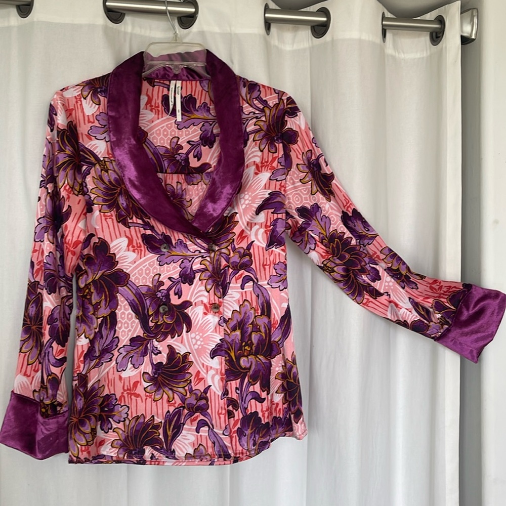 Anthropology floral print blouse with velvet trim